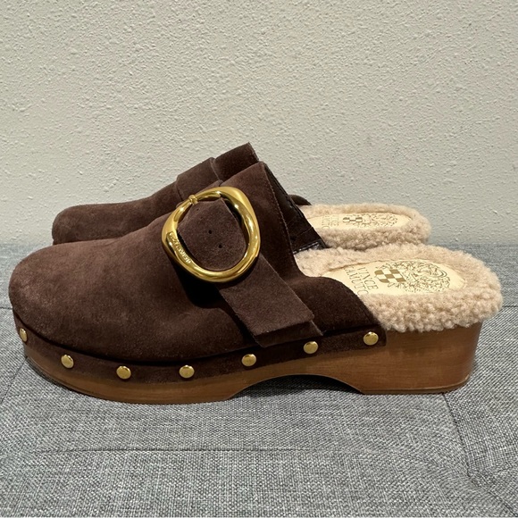 Vince Camuto Canzenee Chocolate Suede Mules with Gold Buckle - Picture 4 of 10